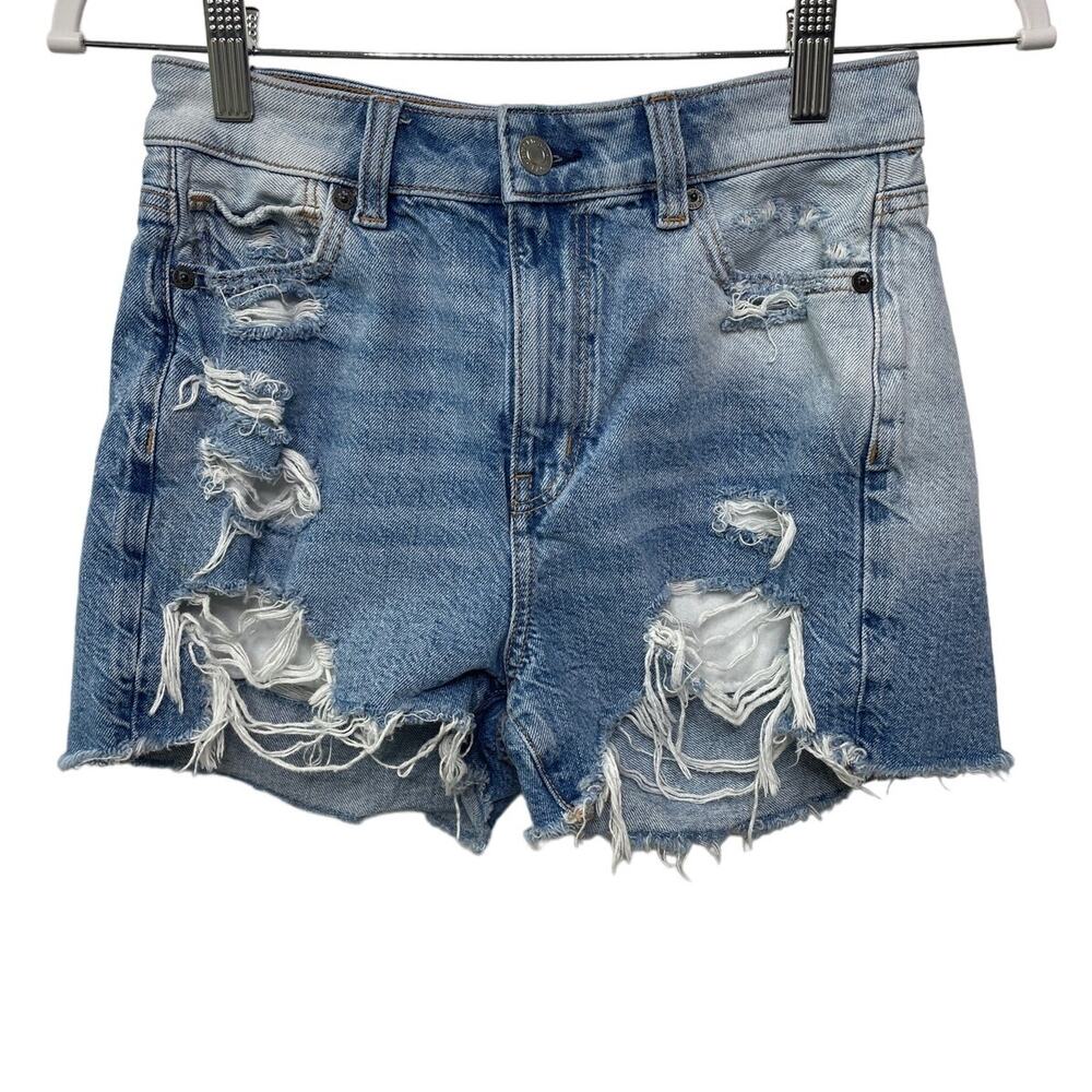 American Eagle Next Level Stretch High‎ Rise Mom Short Destroyed Blue Denim Sz 0
